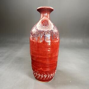 Hand Made Signed Kevin Dougherty 11 inch Ceramic Vase Red With Blue Over Glaze